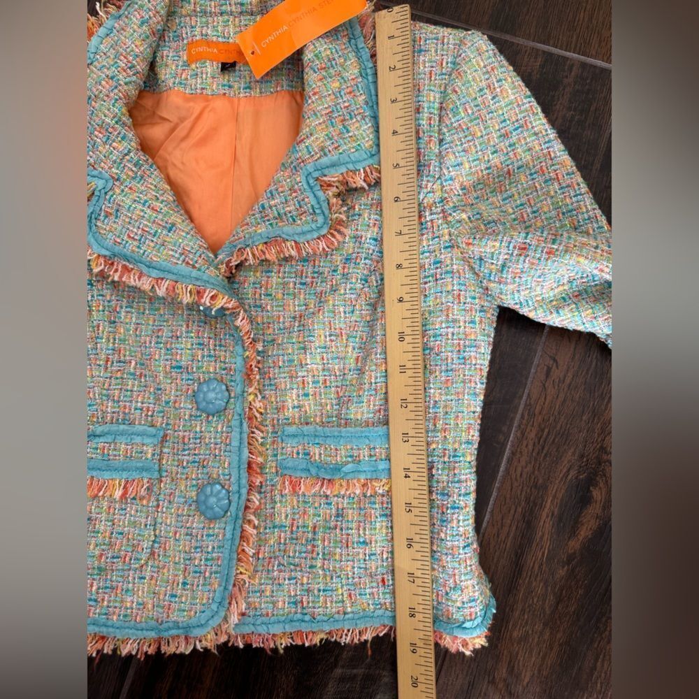 Cynthia Steffe Tweed Fringe Cropped Blazer Teal Orange Multi-Color Jacket NWT S - Picture 13 of 15